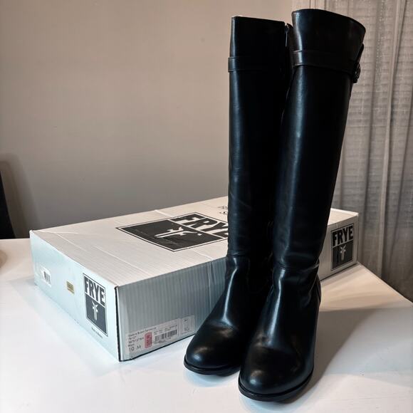 Frye Malorie Button Tall Knee High Black Leather Boots Size 10 Zip Riding Heel - Picture 1 of 14